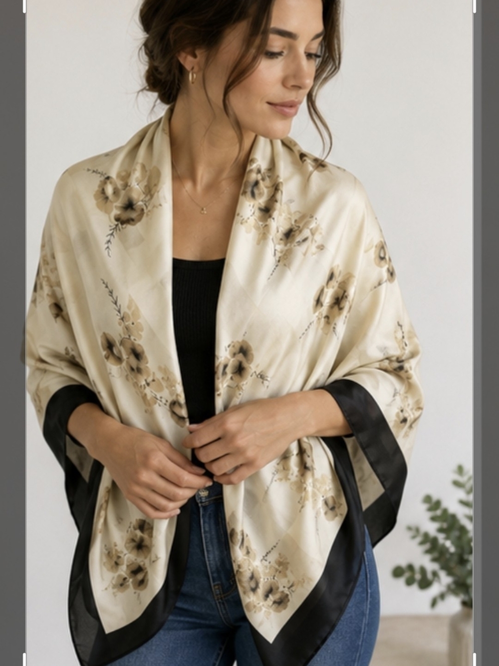 Cream Floral Satin Shawl with Black Trim